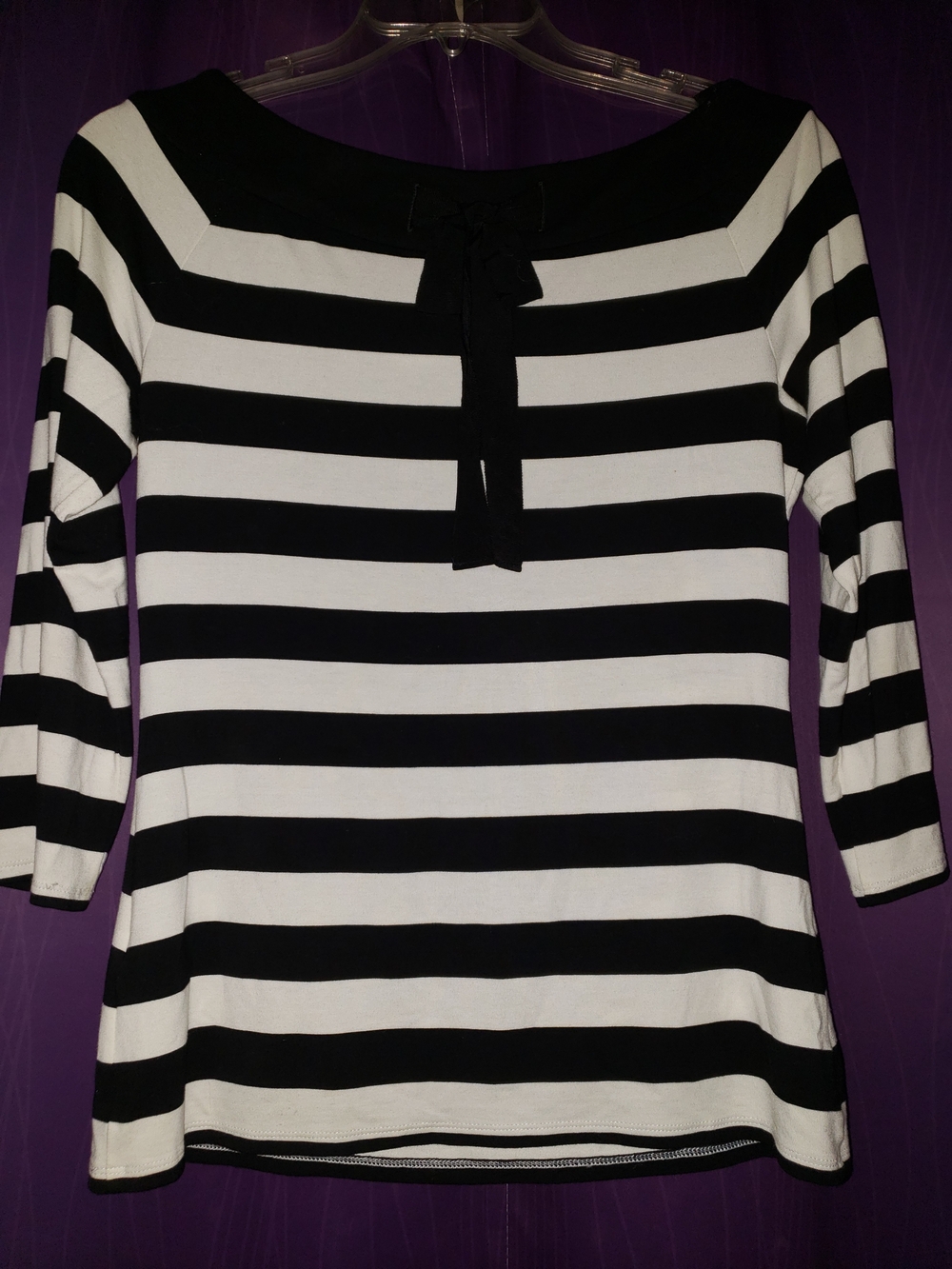 White House Black Market Black and White Striped Embellished Boatneck Top - Picture 2 of 3